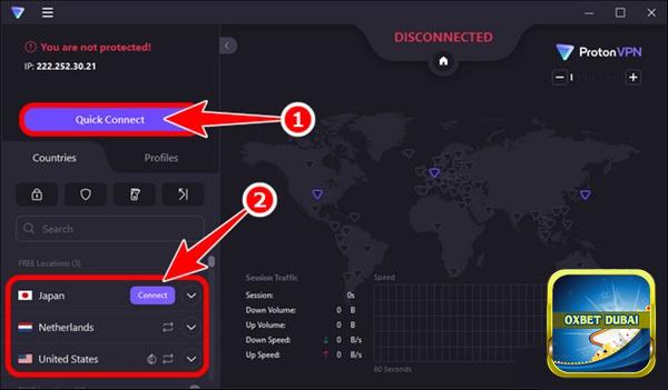 Bạn nhấn vào “Quick Connect”, chọn quốc gia muốn fake IP sang và nhấn “Connect”